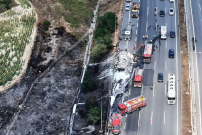 Kuzey Marmara Otoyolu’nda lastik yüklü tırda çıkan yangın tarım arazisine sıçradı
