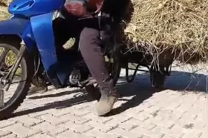 Yüksekovalı vatandaşın pratik zekası: Motosikletin arkasına el arabası bağlayarak üzerinde ot taşıdı

