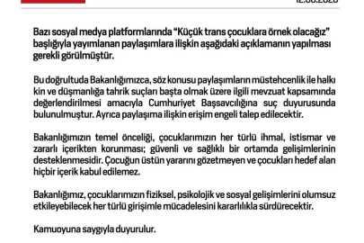 Aile ve Sosyal Hizmetler Bakanlığından "Küçük trans çocuklara örnek olacağız" paylaşımlarına suç duyurusu
