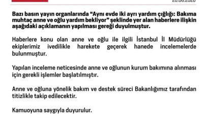 Bakanlıktan ’bakıma muhtaç anne ve oğlu’ ile ilgili açıklama: "Kurum bakımına alınmaları için gerekli işlemler başlatılmıştır"
