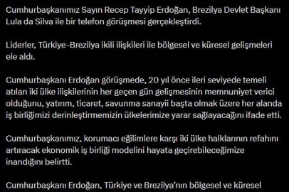 Cumhurbaşkanı Erdoğan, Brezilya Devlet Başkanı Silva ile telefonda görüştü
