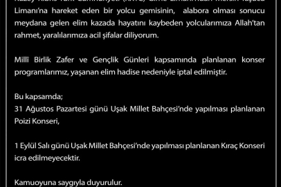 Uşak’ta Milli Birlik Zafer ve Gençlik Günleri kapsamında gerçekleştirilecek konserler iptal edildi
